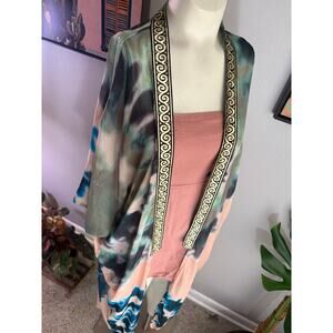 Suki So Long Boho Kimono Duster Watercolor Print Open Front Sheer Cover Up